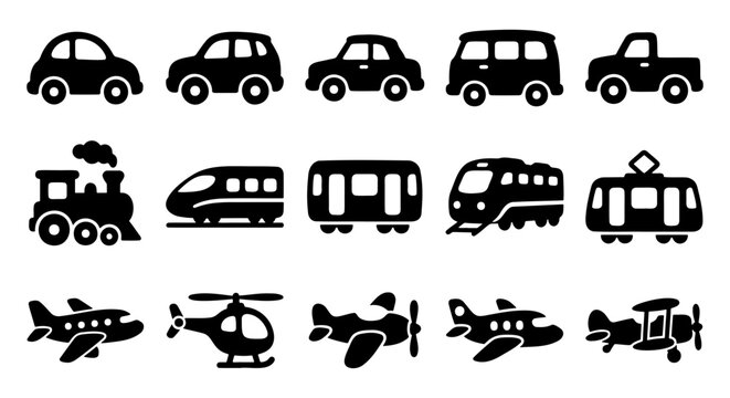 Transportation icon set with 15 black vector silhouettes, vehicle symbols for cars, trains and aircraft, minimalist travel and logistics graphics