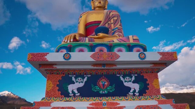 Langza Buddha statue in the village of Langza in the Spiti Valley, Himachal Pradesh, India. Giant Buddha statue and clouds in sky. Travel and summer holidays concept.