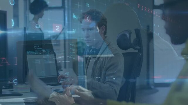 Central security analyst typing, initiating code overlay and handling firewall alert in office