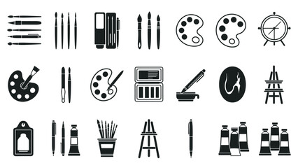 Fototapeta premium Silhouettes of diverse art supplies including paint brushes, palettes, paint tubes, and easels for artists and creative workshops.