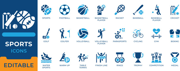 Professional sports icon set featuring football, basketball, cricket, baseball, golf, volleyball, cycling, boxing, gym, water sports, trophy, and athletic competition symbols. © Mst Rafiya Akter