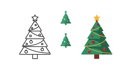 Obraz premium Various styles of Christmas tree illustrations, including a simple line art version and more colorful, decorated options with stars.