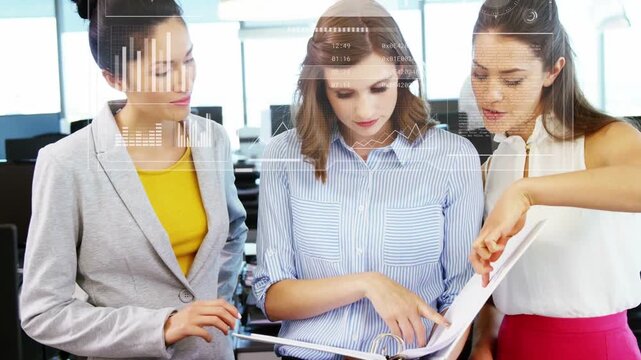 Three women reviewing ring binder in business office, center starting tracing, HUD overlaying pages