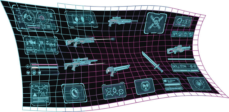 Futuristic gaming HUD interface with weapons selection holographic panels neon grid environment and sci fi user interface elements in flat vector illustration style