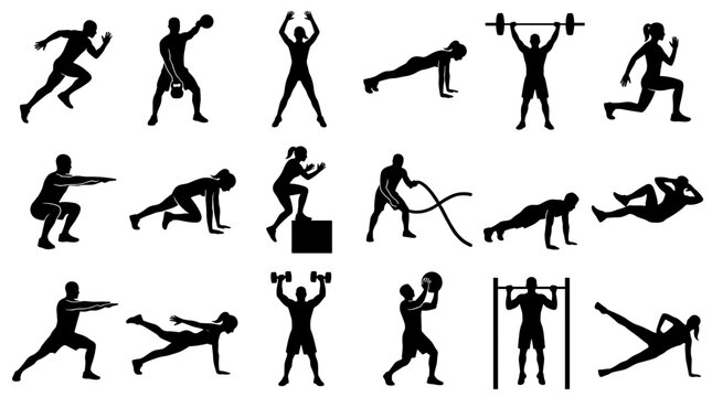 Diverse group of people performing various fitness exercises and sports activities demonstrating healthy lifestyle and active recreation