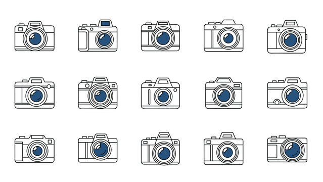 Detailed set of various camera icons representing different photographic equipment types for media, tech, and creative art projects.