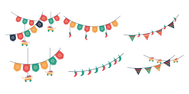 Set of Cinco De Mayo Garland, Mexican Fiesta Banner Decoration Vector, Cinco de Mayo Bunting Flag Decoration