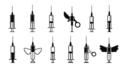 Fototapeta premium Collection of medical syringe silhouettes includes various needle sizes and unique designs for healthcare and pharmaceutical graphics.