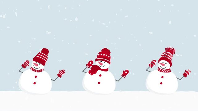 Happy Snowmen are Dancing under Snowfall. Christmas Animation. Funny Holiday Characters in Red Hats, Scarves, Gloves. Loop Video in Red, White on Gray