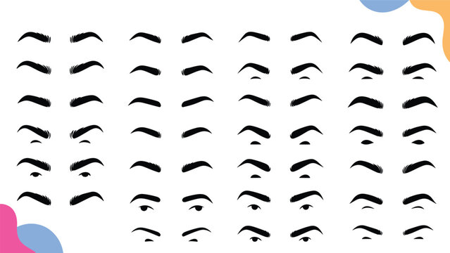 Comprehensive collection of diverse eyebrow shapes and styles for women illustrated in black silhouettes on a clean white background.
