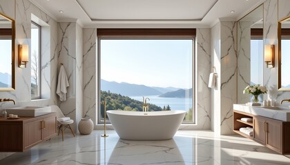 Fototapeta premium The image depicts a luxurious bathroom with a freestanding bathtub positioned centrally in front of a large window that offers a scenic view of distant mountains and water