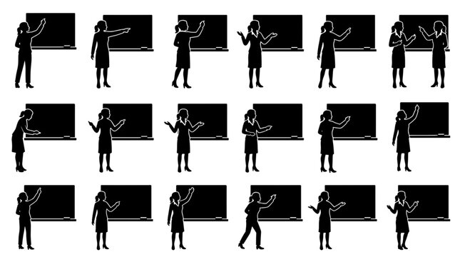 Collection of diverse female teacher silhouettes presenting lessons at a blackboard, demonstrating various teaching poses and gestures for educational concepts