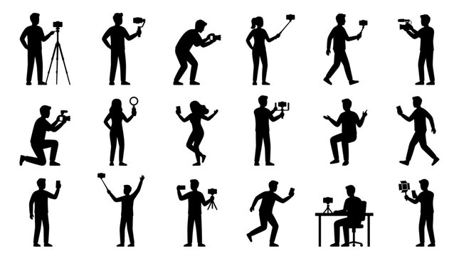 Diverse group of people silhouettes capturing content with cameras tripods and selfie sticks for social media and vlogging
