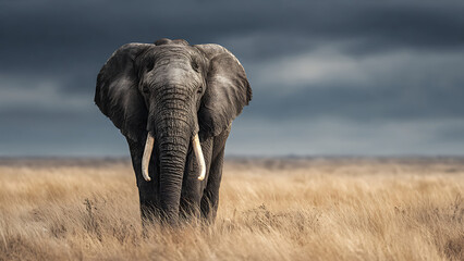 Fototapeta premium A large gray elephant with white tusks standing in a field of dry grass under a cloudy sky on a savannah