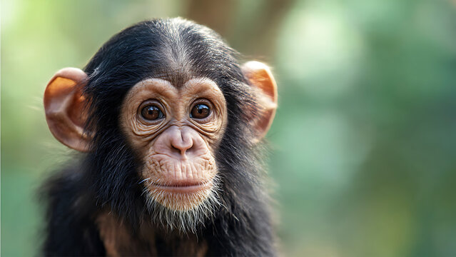 A closeup portrait of a chimpanzee with a blurred green background, looking directly at the camera with big brown eyes and a curious expression on its face