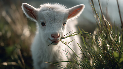 Obraz premium Adorable white baby goat eating grass in a field looking at the camera with a cute expression on its face outdoors