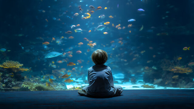 A young boy sitting on the floor looking at a large aquarium filled with many different types of fish and coral