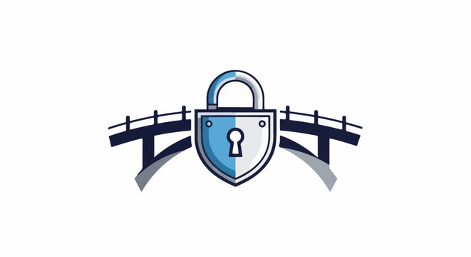 Stylized security padlock superimposed on a bridge icon