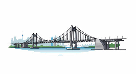 Fototapeta premium A suspended bridge spans a body of water, with a city skyline and tower behind
