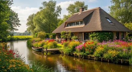 Fototapeta premium Photorealistic View of a Picturesque Riverside Bungalow with Blooming Flowers