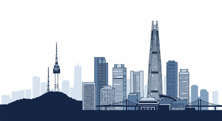 Fototapeta premium Blue, stylized skyline illustration with a mountain and broadcast tower