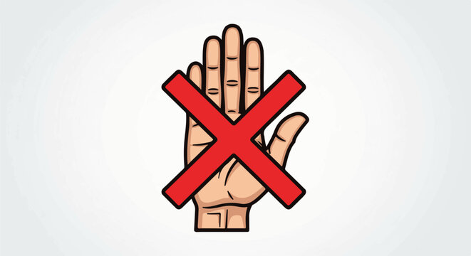 Stop hand gesture with red cross symbol superimposed