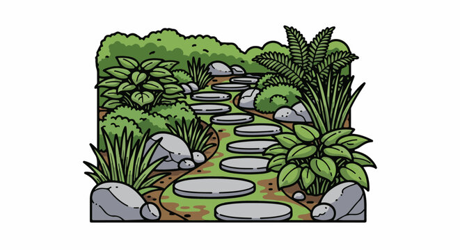 A winding stone path through lush green foliage and rocks in a garden