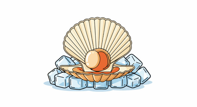 A pearl rests in an open scallop shell on a bed of ice cubes