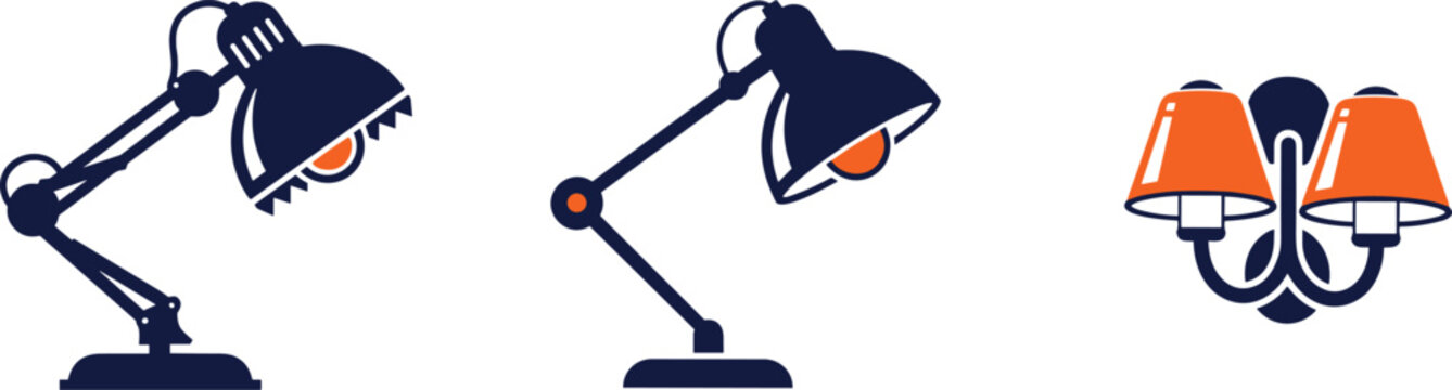 Collection of various desk lamps and wall-mounted light fixtures, dark blue and orange colors.