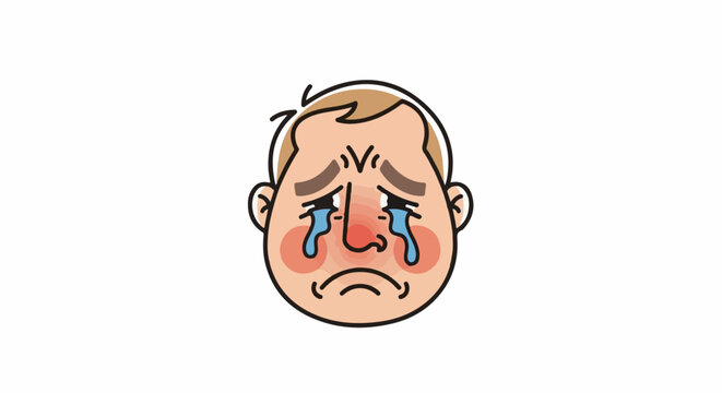 A cartoon man's face looks sad, with red cheeks and tears