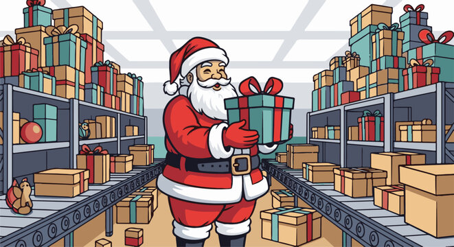 Santa Claus in a workshop sorting and holding presents on a conveyor belt
