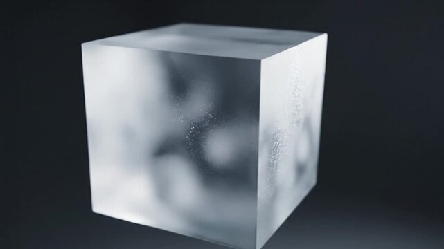 Ice cube with inclusions rotating.