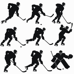 Naklejka premium Silhouettes of ice hockey players in various action poses against a white background