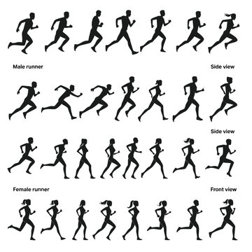 Silhouettes of running people showcasing various poses and gender differences in motion