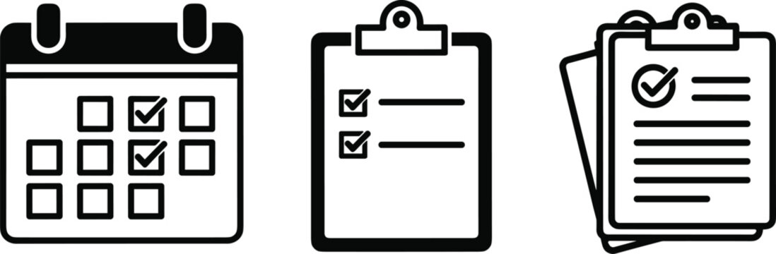 Three black silhouette icons depicting a calendar with checked dates and two clipboards with checklists.