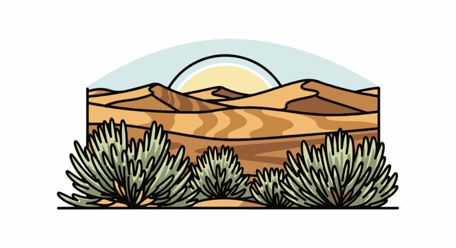 A stylized desert landscape with sand dunes, a rising sun, and scrubby vegetation