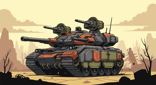 Pixel art illustration of a futuristic, multi-gunned battle tank in a desert landscape