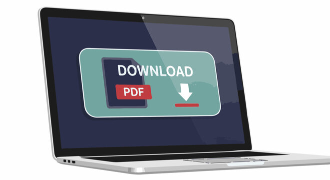 Laptop screen displays a prominent download button for a PDF file