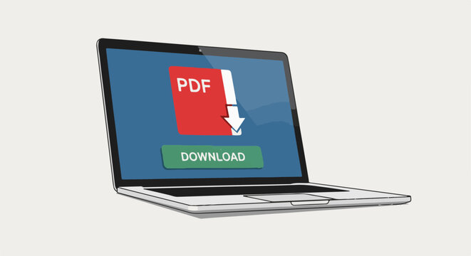 Laptop screen displays PDF icon with download arrow and button