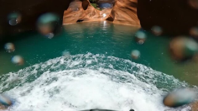 POV of a person canyoneering, rappelling down a waterfall into a slot canyon pool, extreme adventure and resilience concept.