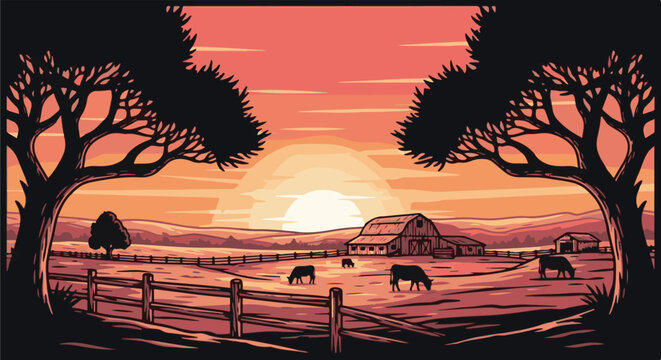 Pixel art farm scene at sunset with cows grazing near a barn