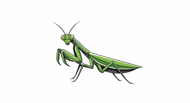 A stylized green praying mantis with large eyes and sharp forelegs