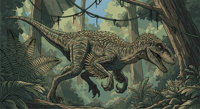 A feathered dinosaur moves stealthily through a dense, sun-dappled forest