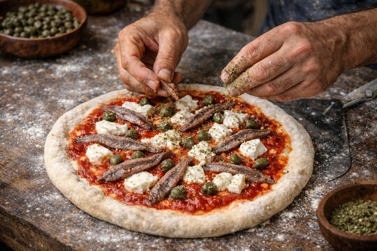 Pizza Napoli wird mit Sardellen und Kapern vorbereitet
H&auml;nde belegen eine rohe Pizza Napoli mit Sardellen, Kapern und Mozzarella auf rustikaler bemehlter Arbeitsfl&auml;che