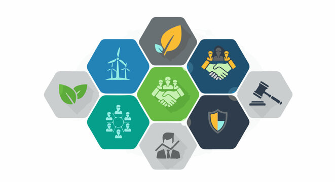 Collection of hexagonal icons representing business, environment, and legal concepts