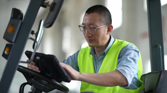 Worker operating a forklift while using a tablet computer in a warehouse setting