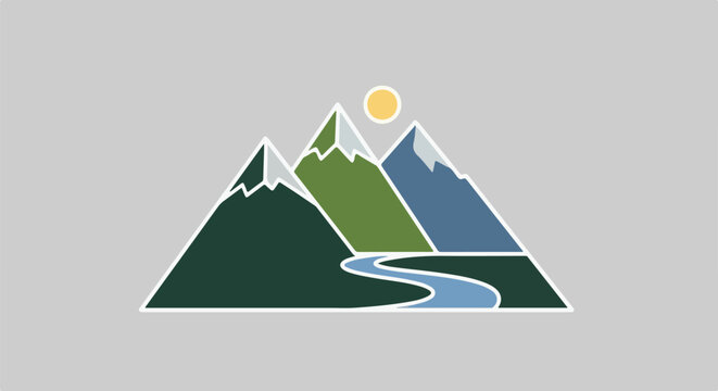 Stylized mountains with a winding river and a sun