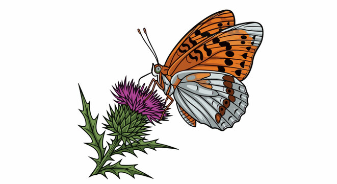 A stylized orange and white butterfly sips nectar from a purple thistle bloom