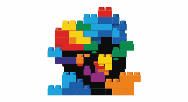 Colorful interlocking plastic blocks form an abstract construction on a white background