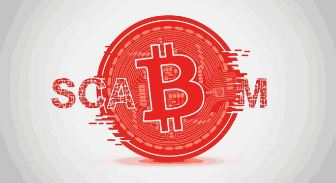 Digital currency symbol overlaid with 'scam' in distressed red font